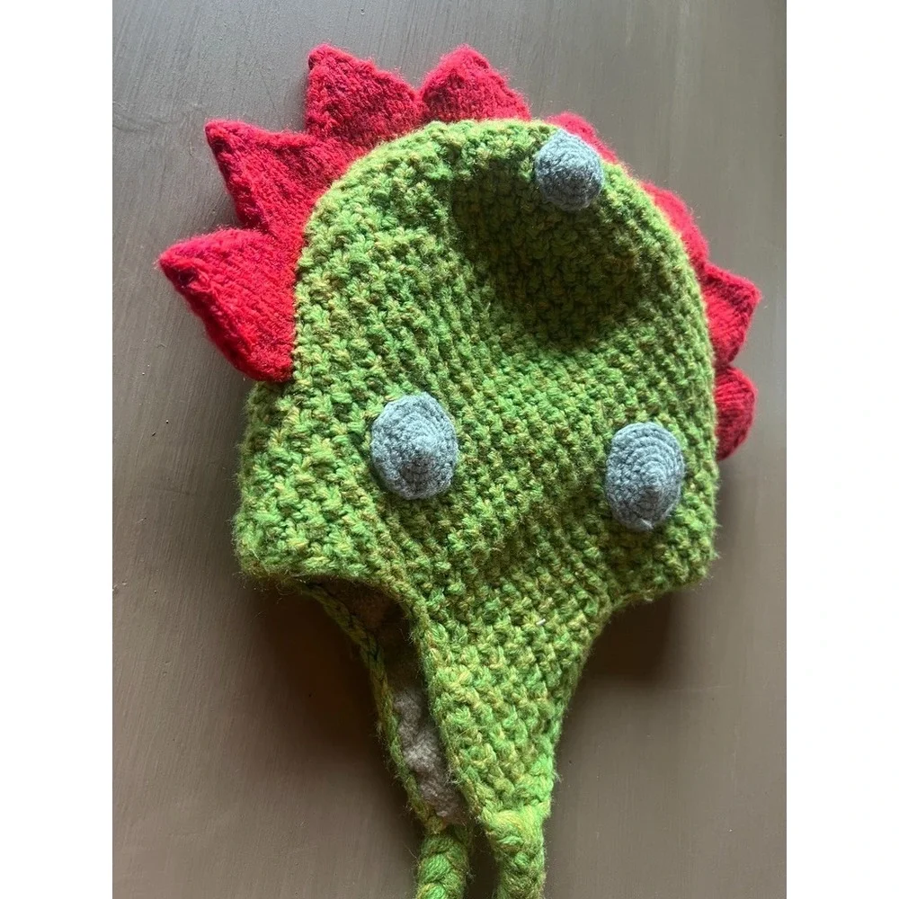 Andes Gifts Dinosaur Knit Hat‎ Alpaca Blend Kids Earflap Beanie Mohawk Braids